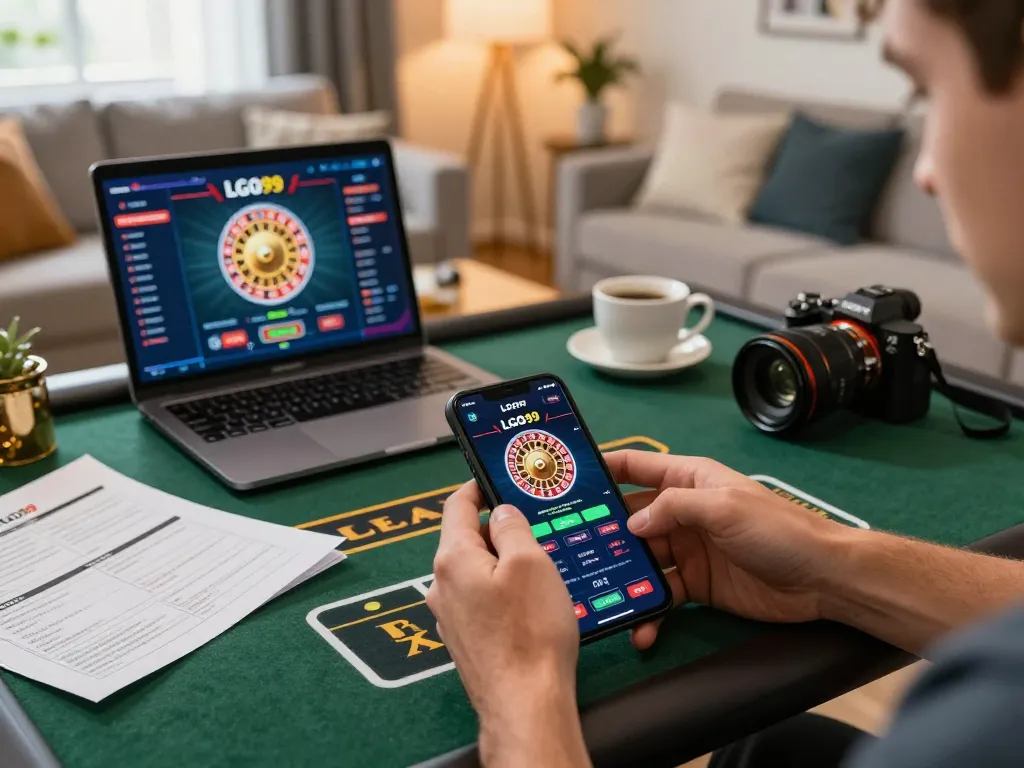 LGO99 player enjoying mobile casino action in a stylish living room setting