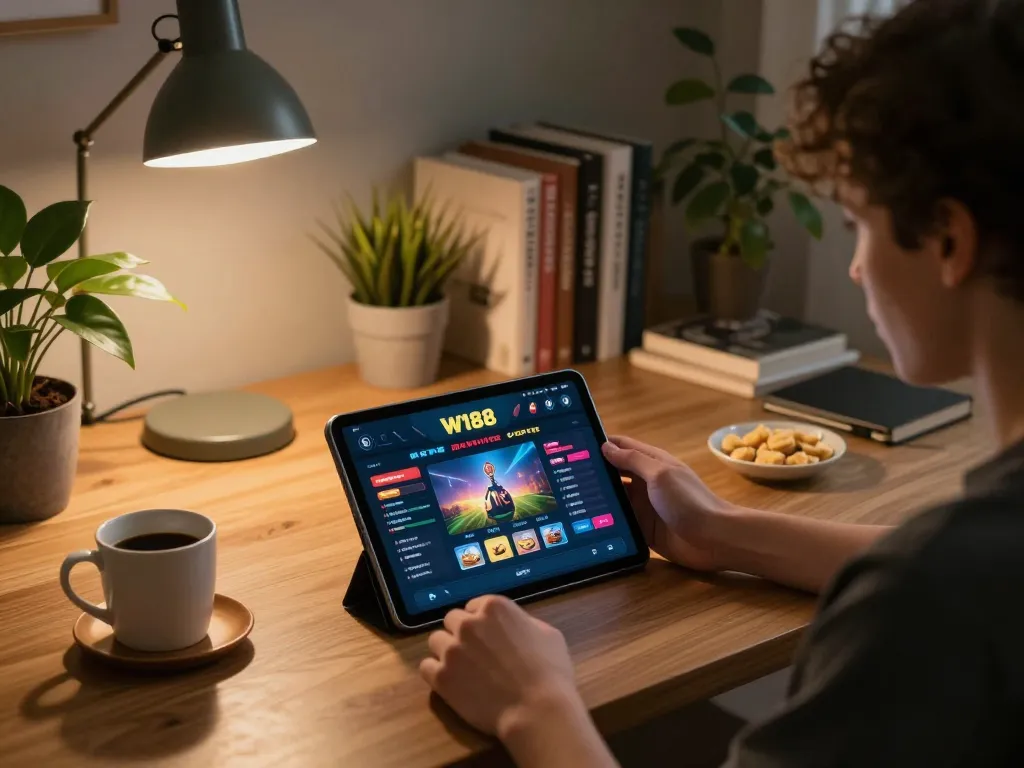 Engaging online gaming scene featuring a user on https://w188.bid/ with interactive tablet interface, suggesting strategic play and comfort.