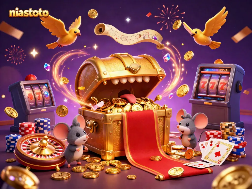 Ikon niastoto menarik perhatian pemain dengan gambar ilustrasi ceria kasino 3D.