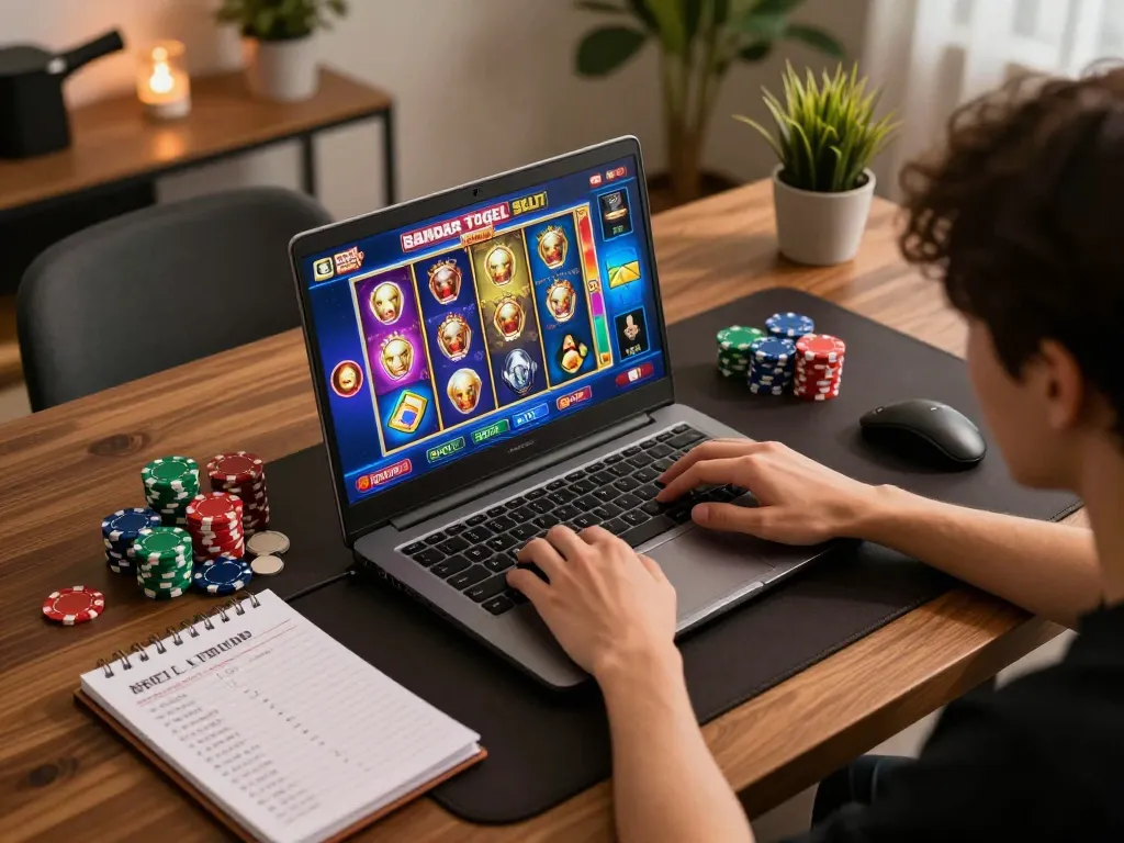Permainan yang menarik dari Bandar Togel Slot di laptop, menampilkan pengaturan permainan rumah yang cerah, menyoroti taruhan strategis.