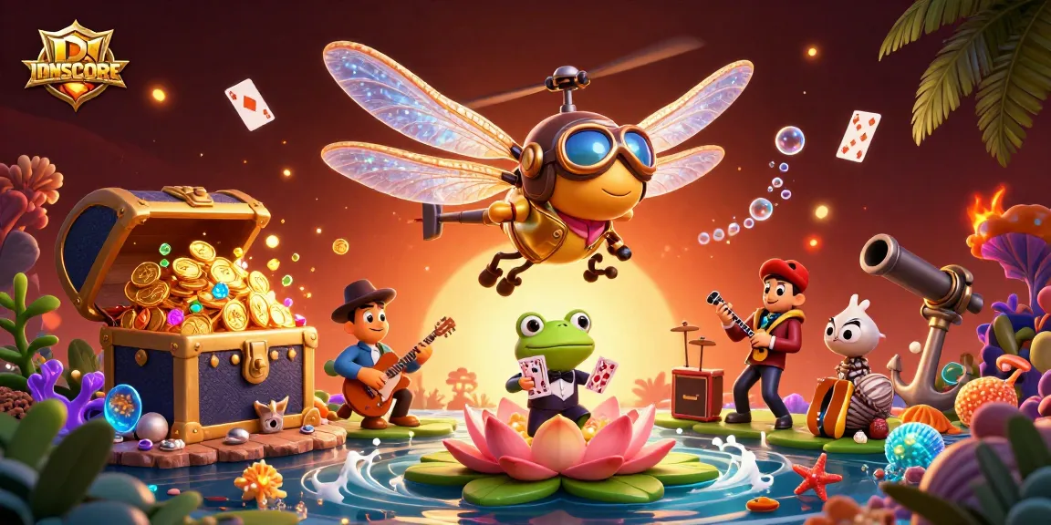 Join IDNSCORE's thrilling game with a dragonfly pilot and frog croupier amidst casino treasures.