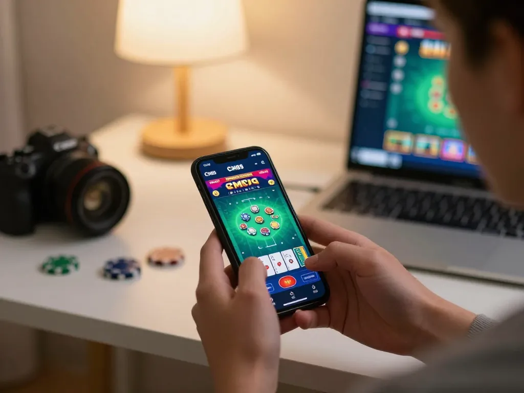 Engaging player using CM88 casino app on smartphone in a cozy home setting.