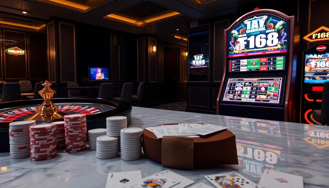 Animated F168 online gambling scene with roulette, poker chips, and sleek digital interface.