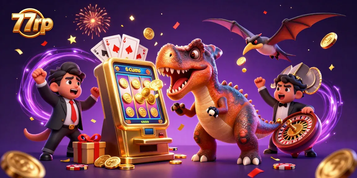 77rp slot adventure: a cartoon dinosaur and casino characters celebrate jackpot wins with flying coins.