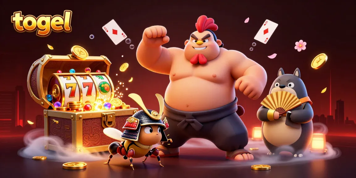 Togel-themed illustration showcasing a powerful sumo rooster and samurai cricket in a vibrant casino setting.