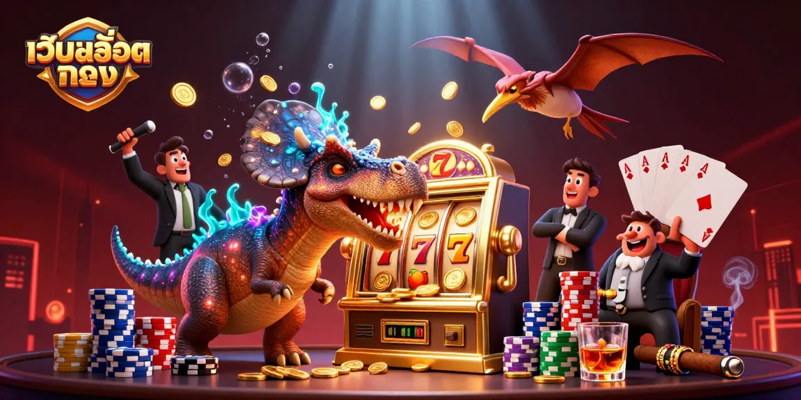 Engaging casino scene with เว็บสล็อตตรง branding, showcasing a dinosaur headbutting a slot machine amidst vibrant game elements.