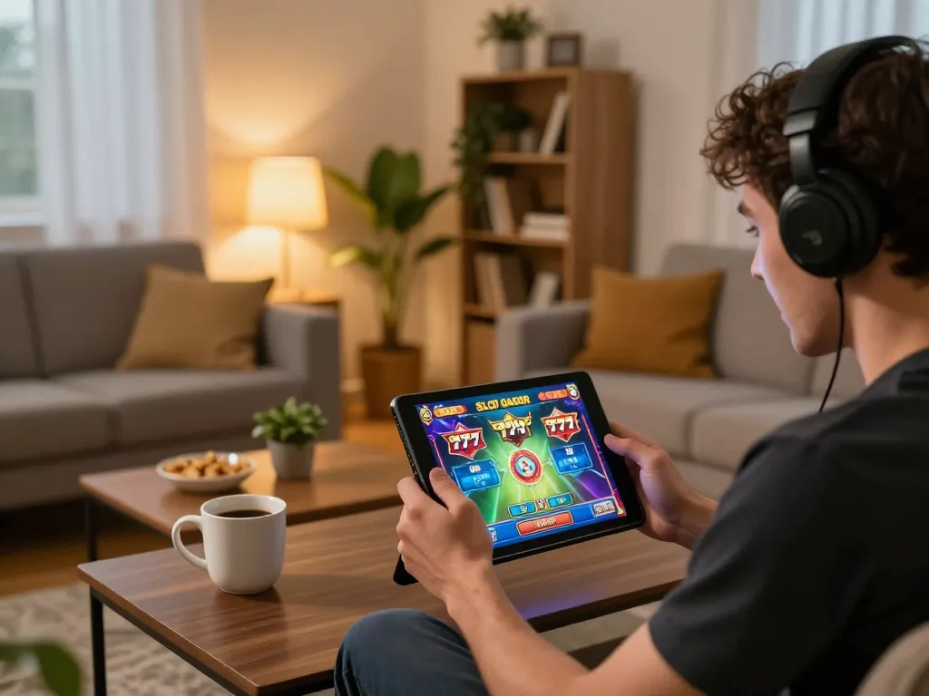 Player enjoying SLOT GACOR 777 games on a tablet at home, focusing on strategy.