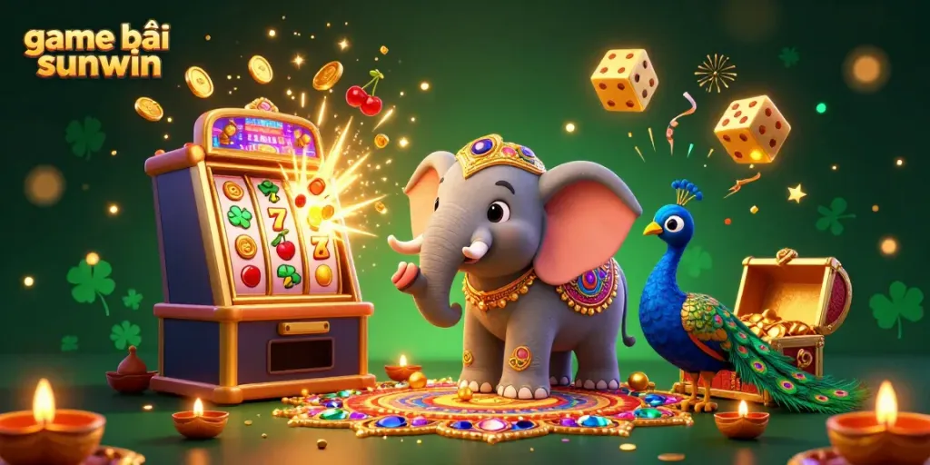 Experience exciting game bài sunwin with vibrant scenes of a colorful elephant and peacock amidst jackpot symbols and gaming elements.