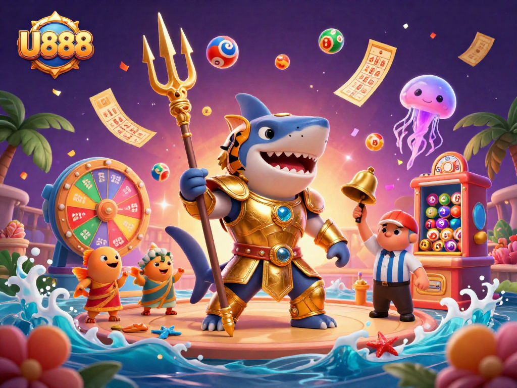Experience the thrilling U888 gaming scene with a fierce gladiator shark and dynamic lottery elements.