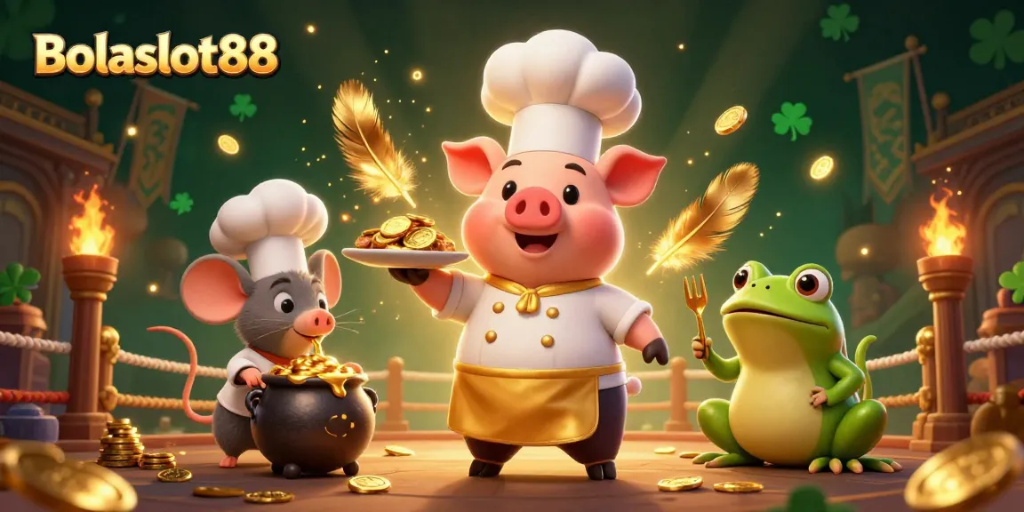 Bolaslot88 entertains with a lively 3D casino character scene featuring gold coins and vibrant game elements.