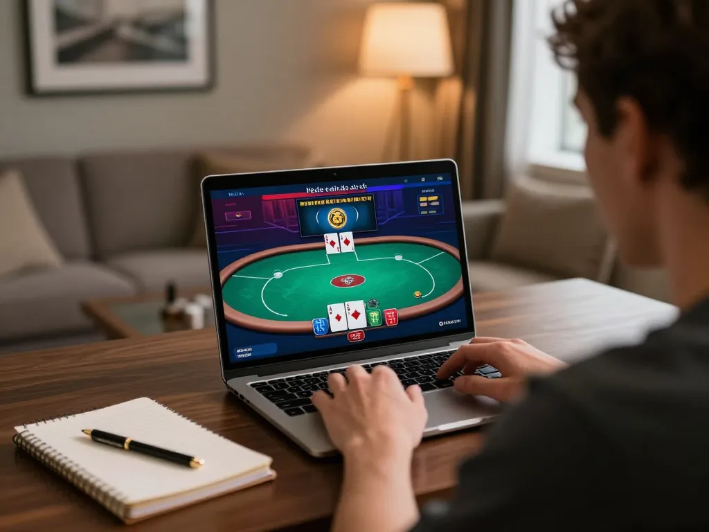 Tg88 poker player strategizing at home, focusing on laptop screen with warm lighting.