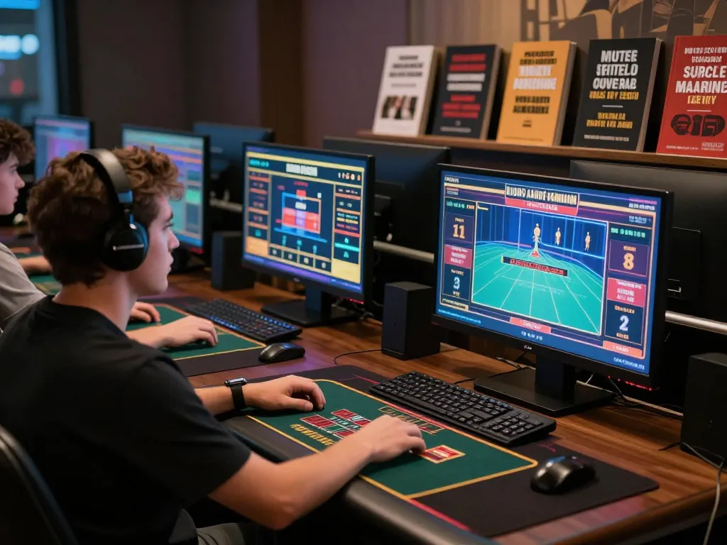 Engaging in online casino gaming on link 23win from a sleek home setup with multiple screens.