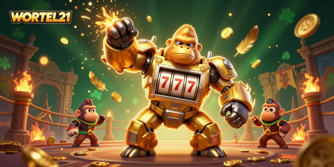 Experience WORTEL21 excitement with a golden gorilla mech smashing through coins in an action-packed casino.