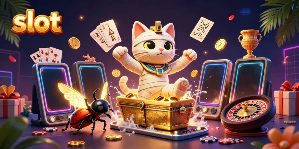 Experience thrilling wins with slot machines as the Egyptian mummy cat bursts from a sarcophagus in a dynamic casino scene.