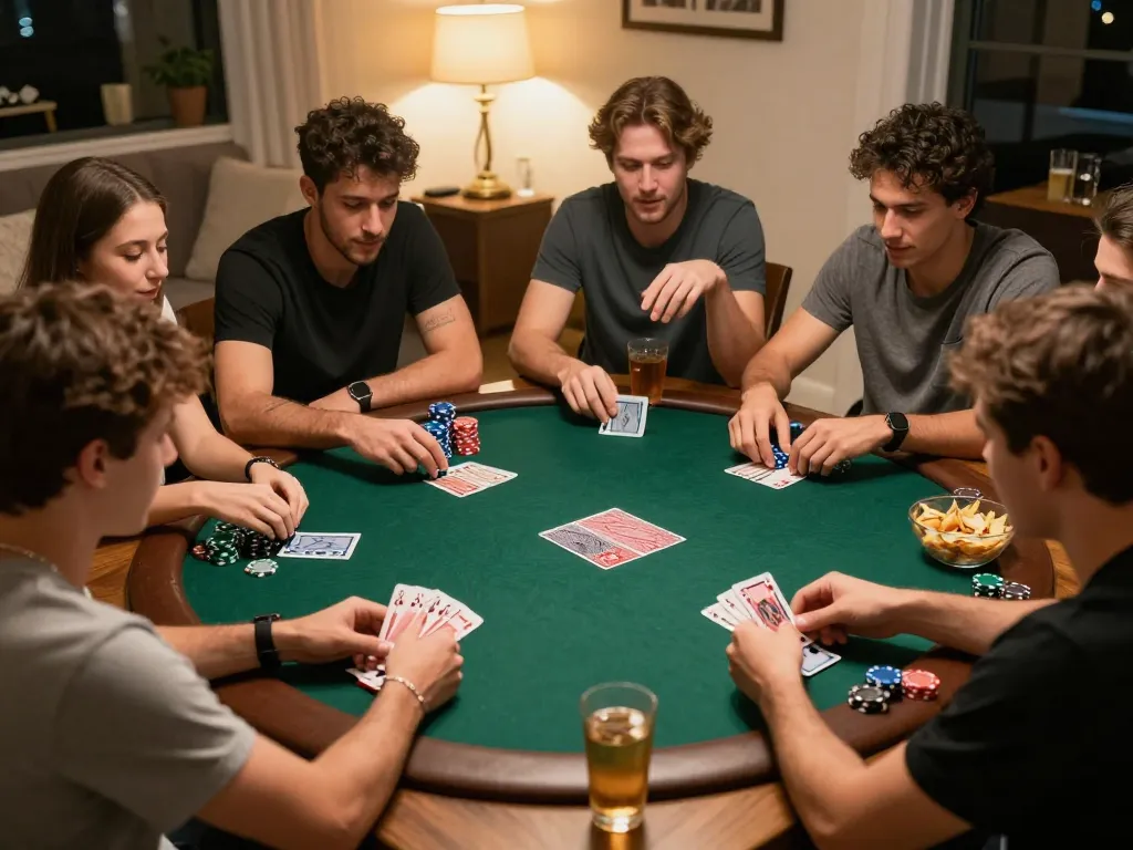 Friends enjoying a lively poker night at home, discussing strategy while managing keonhacai bets.