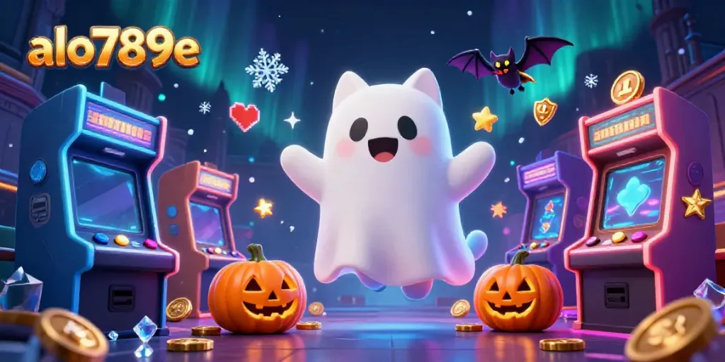 Engage with the dynamic world of alo789e, featuring a ghost cat, bat companion, and glowing jack-o-lanterns in a haunted casino.