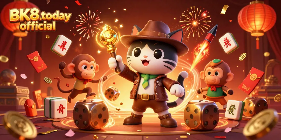 Experience the thrill of BK8.today official as the cat excavates luxurious gambling treasures in a vibrant casino setting.
