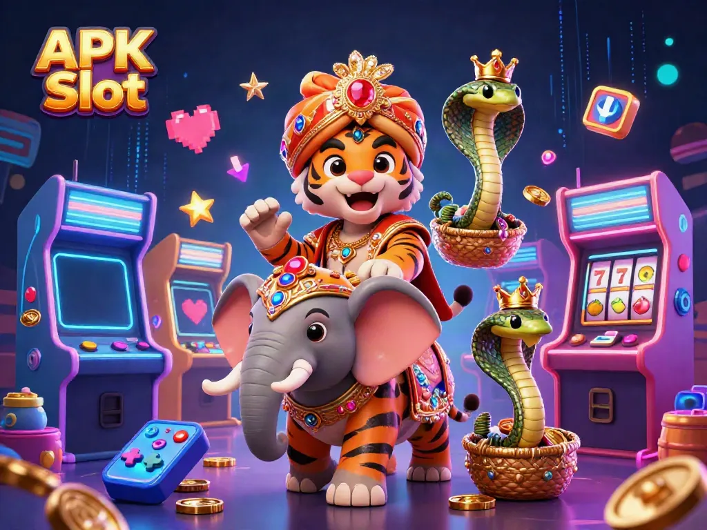 Spin the reels in the captivating APK Slot casino world, featuring vibrant game elements and a majestic tiger.