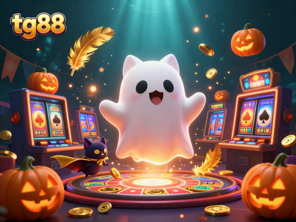 Experience thrilling gameplay at tg88 with a ghost cat and vampire bat in an illuminated casino adventure.
