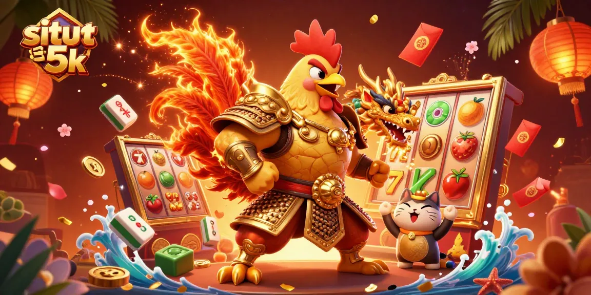 Engage with situs slot 5k in a dynamic scene featuring a rooster warrior and dragon hatchling.