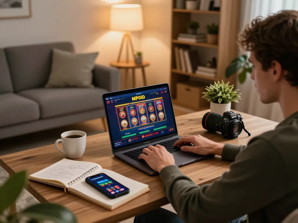 MPOID player engaged in online casino gaming with laptop and strategic notes in cozy living room.