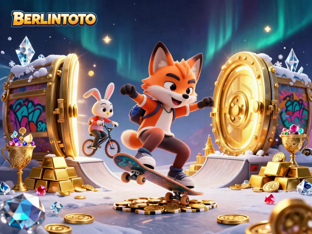 Experience the thrill of BERLINTOTO with playful characters and vibrant casino elements in this engaging illustration.