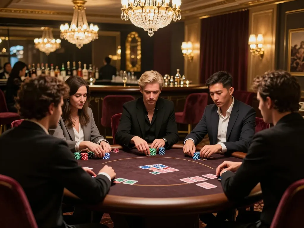 Engaging scene of a high-stakes poker game featuring LGOGOAL strategies, with players vying for victory.