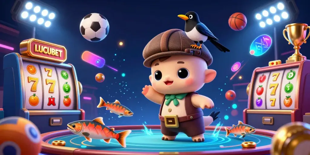LUCUBET introduces a vibrant casino scene with playful characters and dynamic gaming elements.