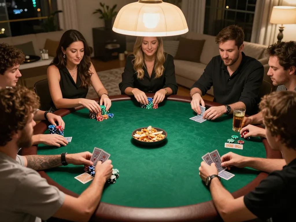 Engaging poker night at home with lively atmosphere showcasing strategic play and excitement on shbet800