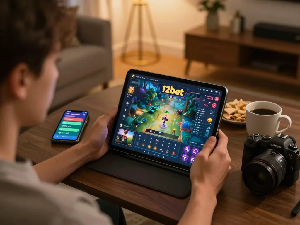 Người chơi tham gia trò chơi trực tuyến trên máy tính bảng 12bet, đồ họa trò chơi sống động nâng cao trải nghiệm.
