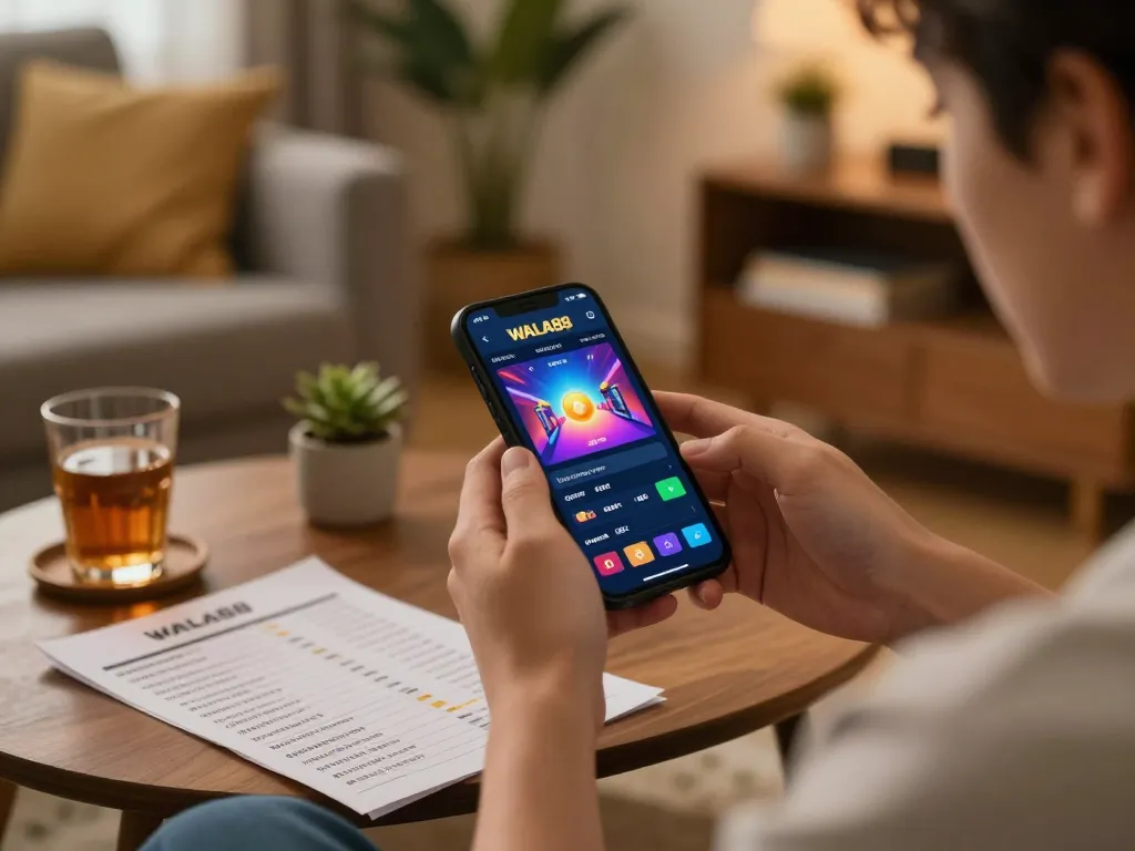 Engaging user enjoys mobile gaming on WALA88 platform with live betting interface and cozy setting