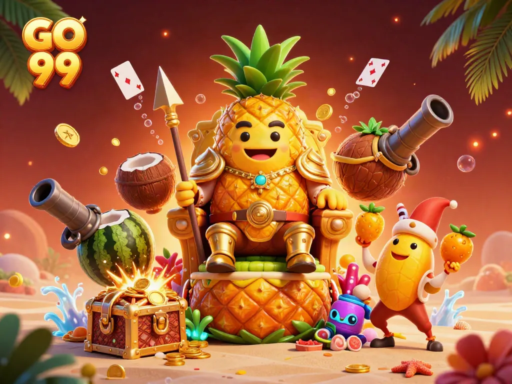 Engage with GO 99 in a vibrant 3D casino realm filled with golden treasures and exciting game elements.