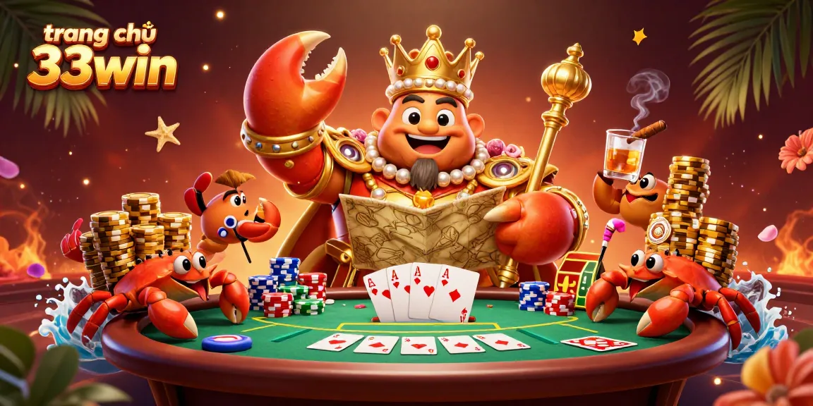 Engage in the action at trang chủ 33win with a vibrant 3D illustration showcasing a golden crab emperor ruling a lively poker scene.