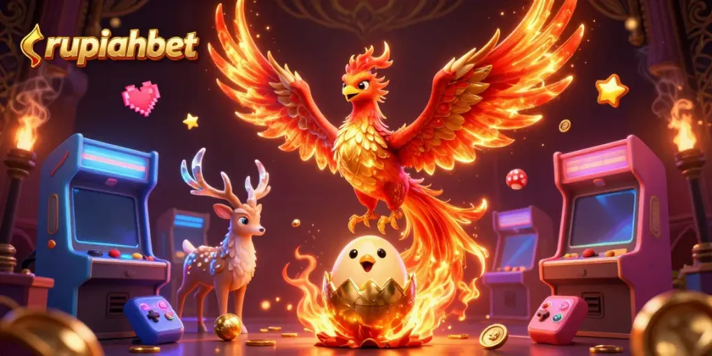 Experience vibrant gaming with rupiahbet, featuring a phoenix and gaming elements.