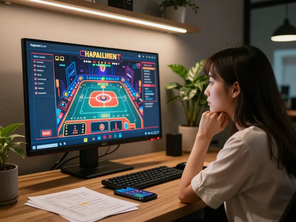 Engaging with Lucky win online casino game interface while strategizing gameplay in a cozy home office.