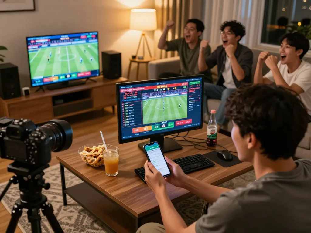 Engaging in kèo nhà cái betting on live sports from home with friends, vibrant atmosphere