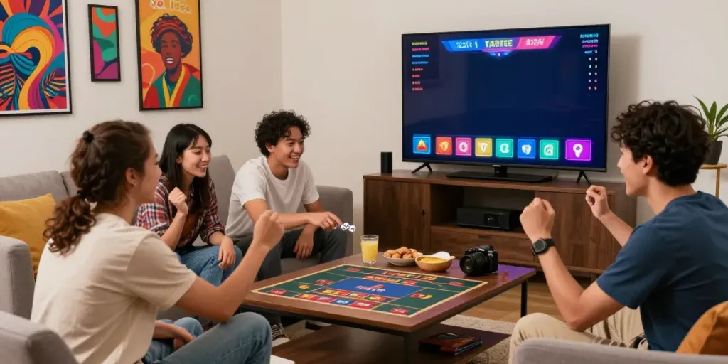 Group enjoying unsurtoto game in a lively home atmosphere with vibrant decor.