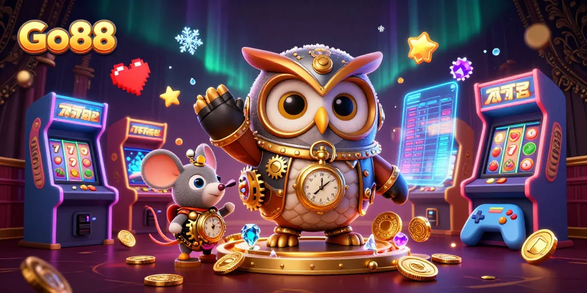 Go88 offers a thrilling gaming experience featuring a time-traveler owl amid casino excitement.