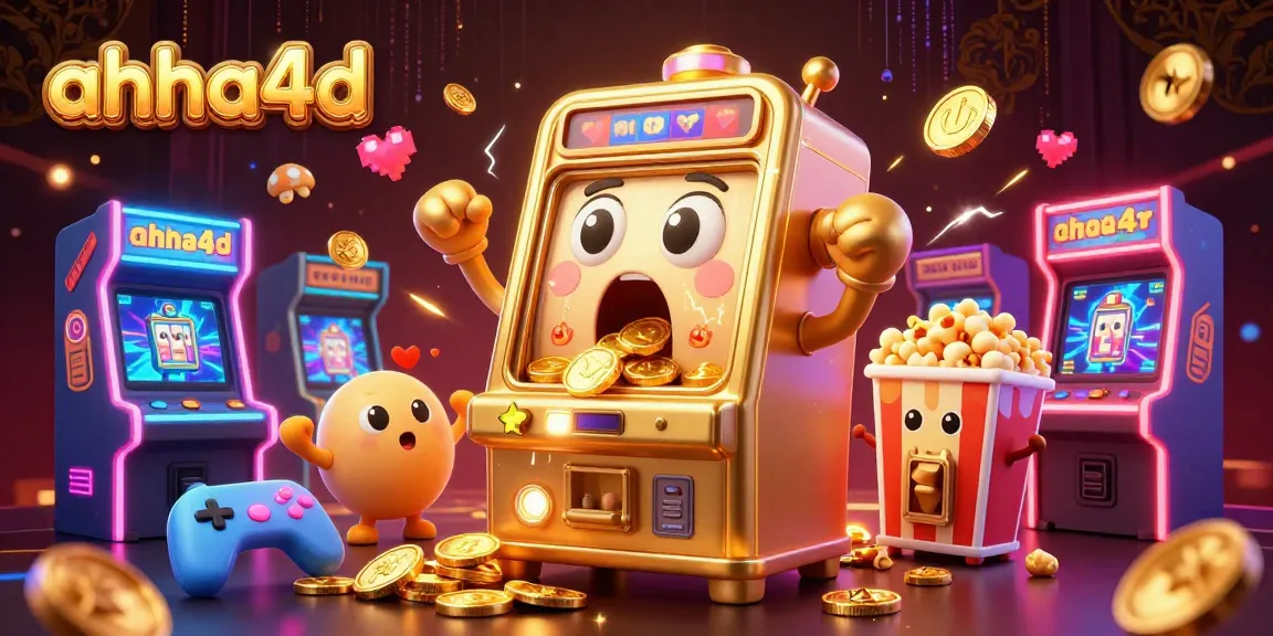 A 3D golden slot machine from ahha4d celebrates a jackpot with coins pouring out, surrounded by exciting gaming elements.