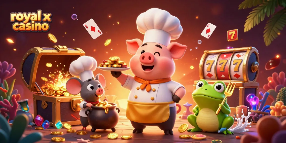 Experience the excitement of royal x casino with a vibrant game scene featuring our cartoon chef pig and friends.