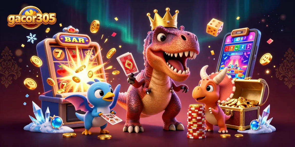 Permainan gacor305 menampilkan T-Rex yang memegang kartu dan triceratops stacking chip emas.
