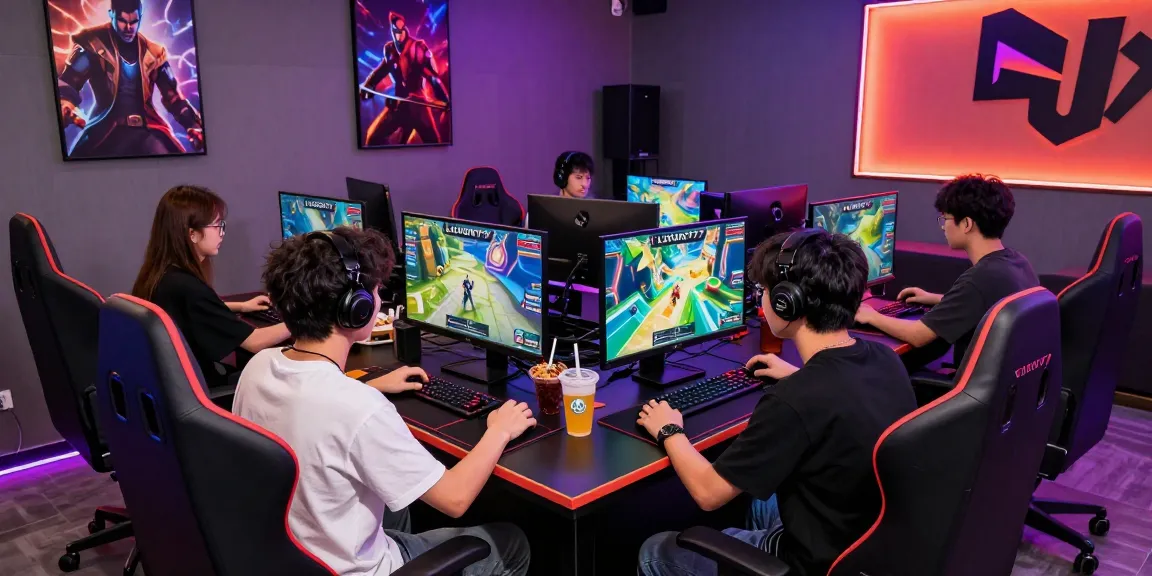 Teman-teman menikmati permainan di lounge gaming mewah dengan LUXURY777 yang menonjol pada layar.