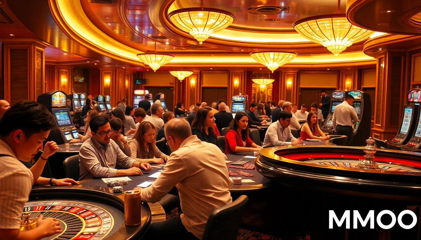 Exciting gambling action at MMOO casino with players at poker tables and slot machines.