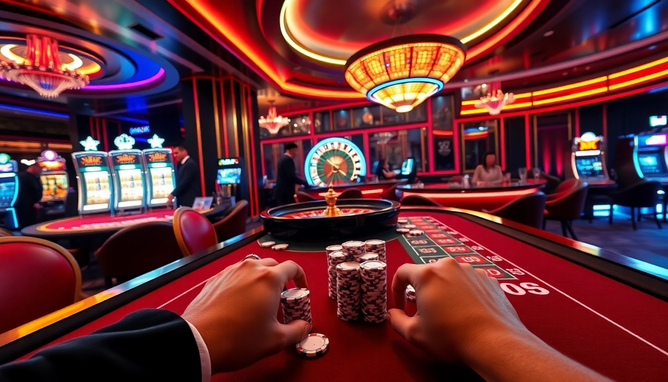 Exciting casino gaming scene showcasing xin88 with vibrant poker table and roulette wheel.