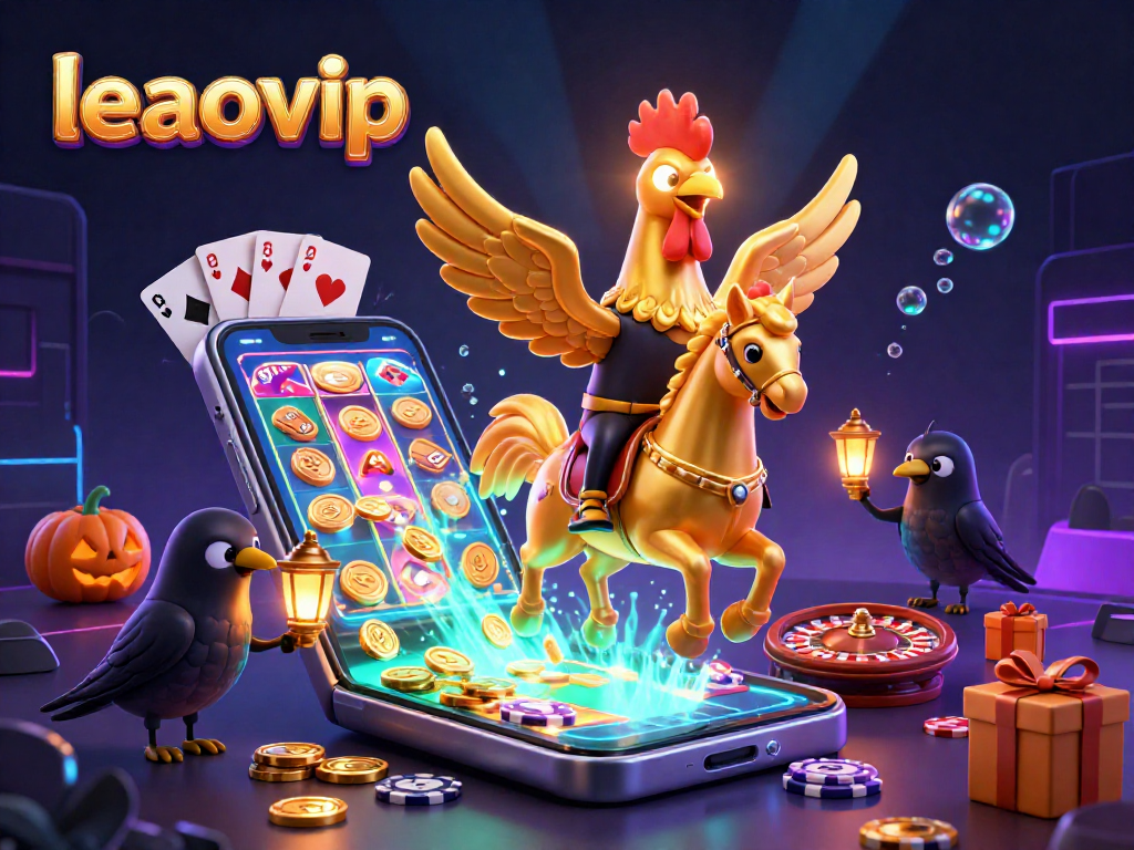 Experience the excitement of leaovip with a vivid illustration of a golden rooster and lantern-bearing crows in a dynamic casino scene.