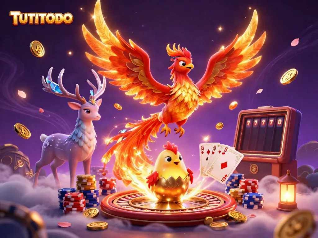 Experience TUTITOTO's dynamic gaming world with a vibrant phoenix and sparkling casinos.