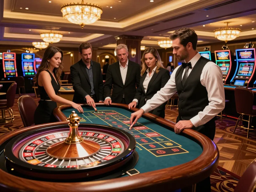 Players engage in thrilling roulette gameplay at an upscale casino, showcasing the excitement of 888new com.