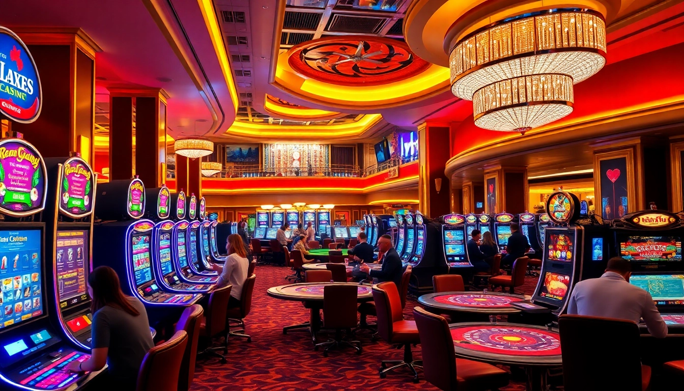 Menampilkan suasana kasino wortel21 yang mewah dengan meja dan mesin slot yang mengundang.
