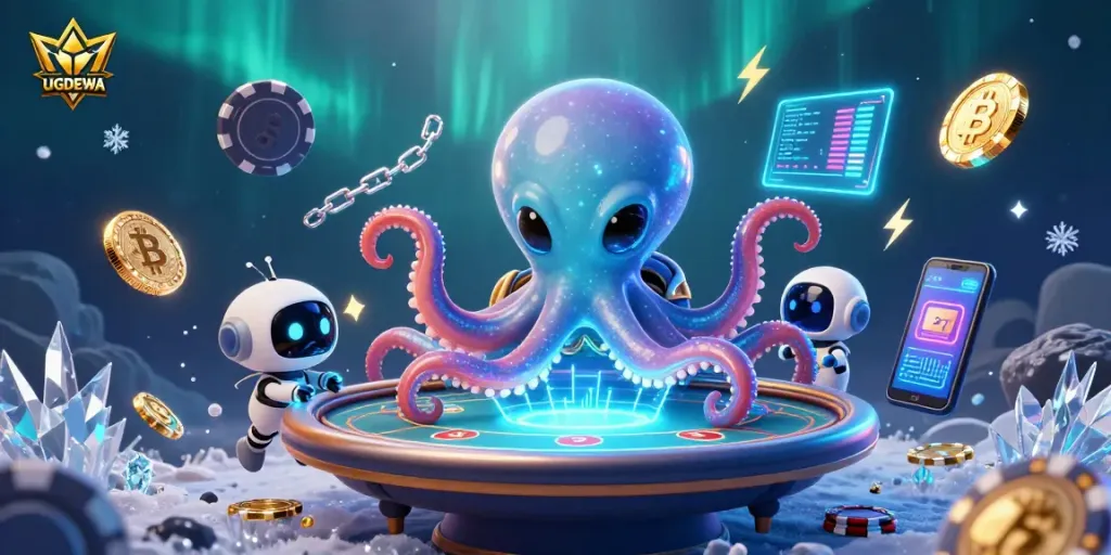 Engage in thrilling gameplay at UGDEWA with a vibrant casino scene featuring an alien octopus at a holographic poker table.