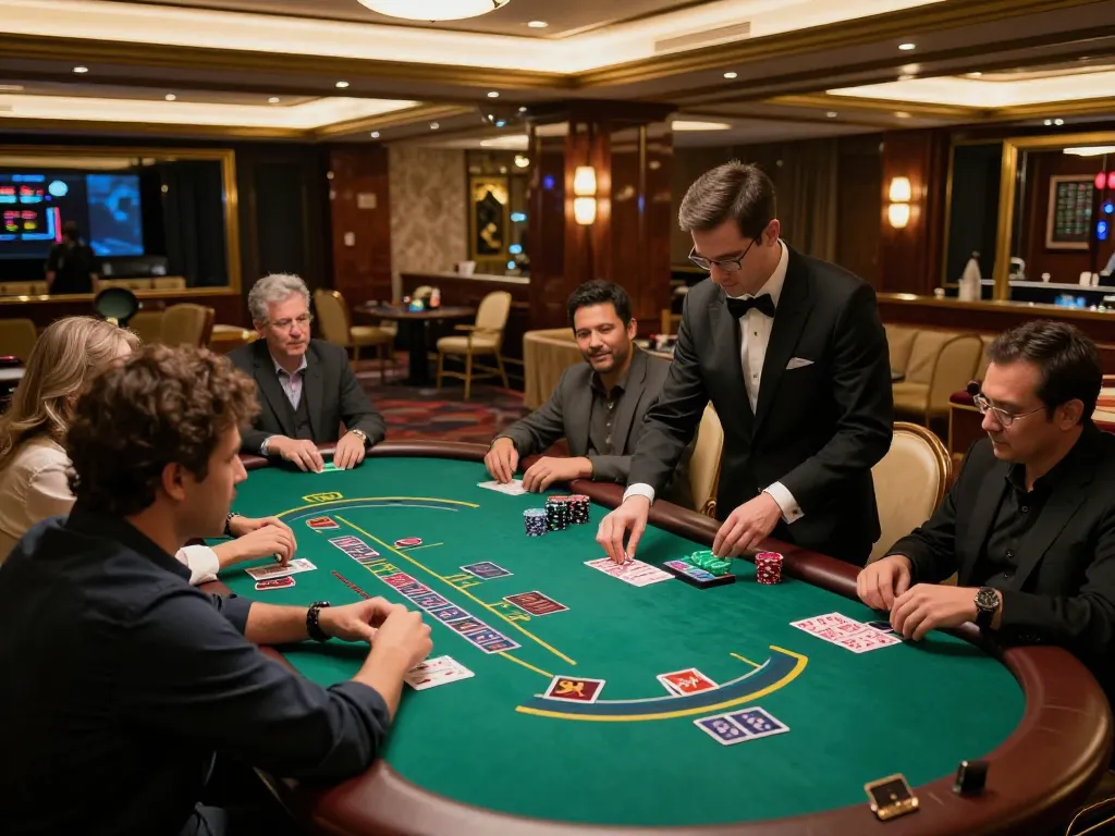 IDNSCORE players engaged in blackjack strategy with a professional dealer in an upscale casino.